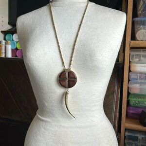Lucky Brand, long, tribal, wood and golden metal necklace